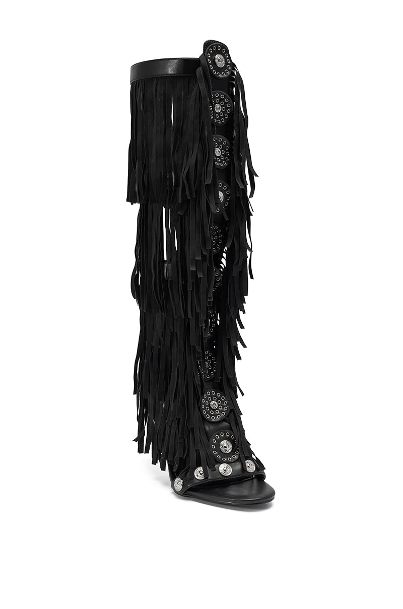 AZALEA WANG SAMEYANA BLACK FRINGE AND METAL STILETTO GLADIATOR SANDAL