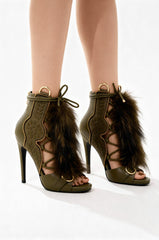 AZALEA WANG SHAINY OLIVE FUR SANDAL