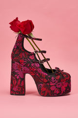 AZALEA WANG SPROUT RED MULTI FLORAL BROCADE MARY JANE PLATFORM PUMP