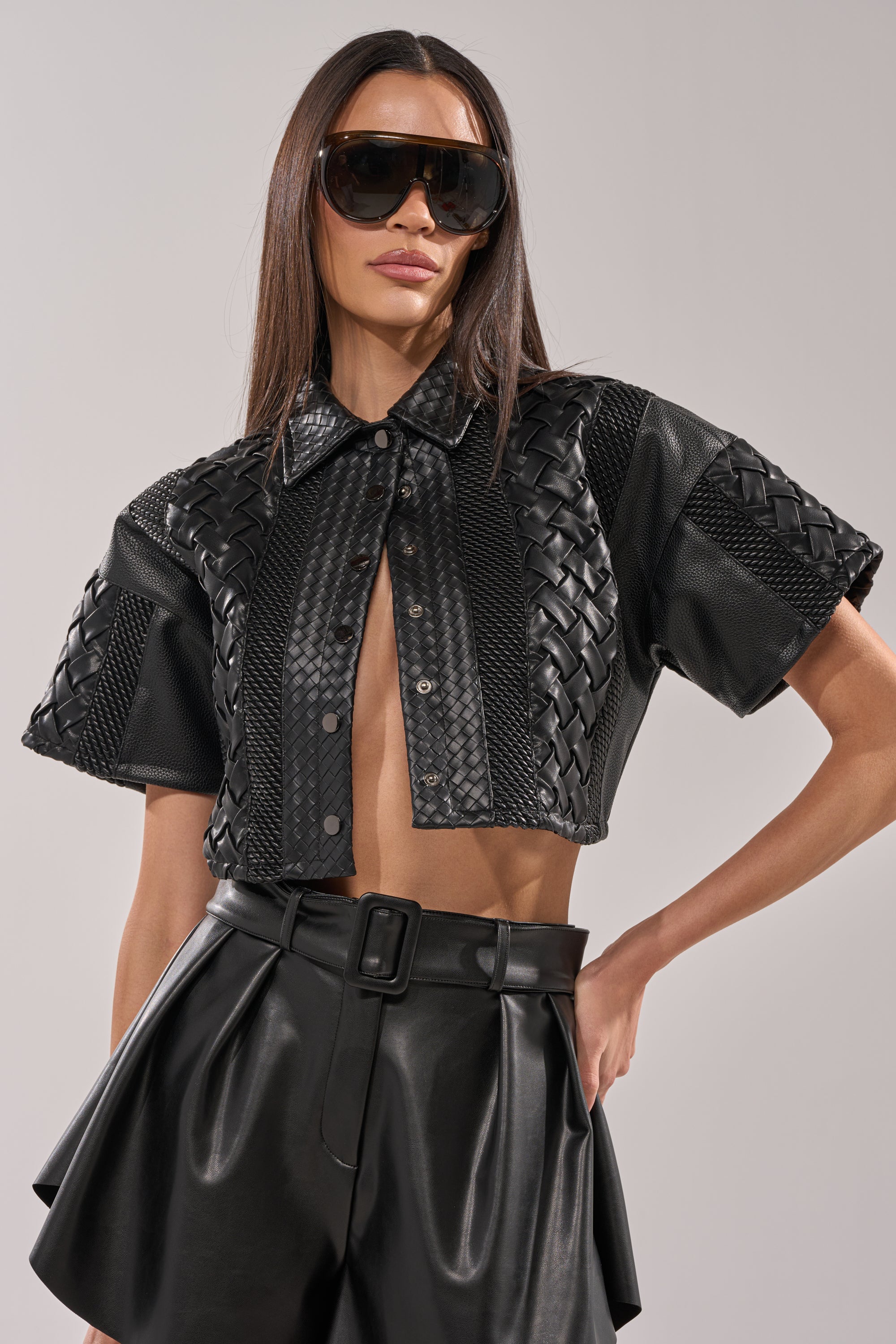 BIKER BRAIDED LEATHER CROPPED BUTTON DOWN