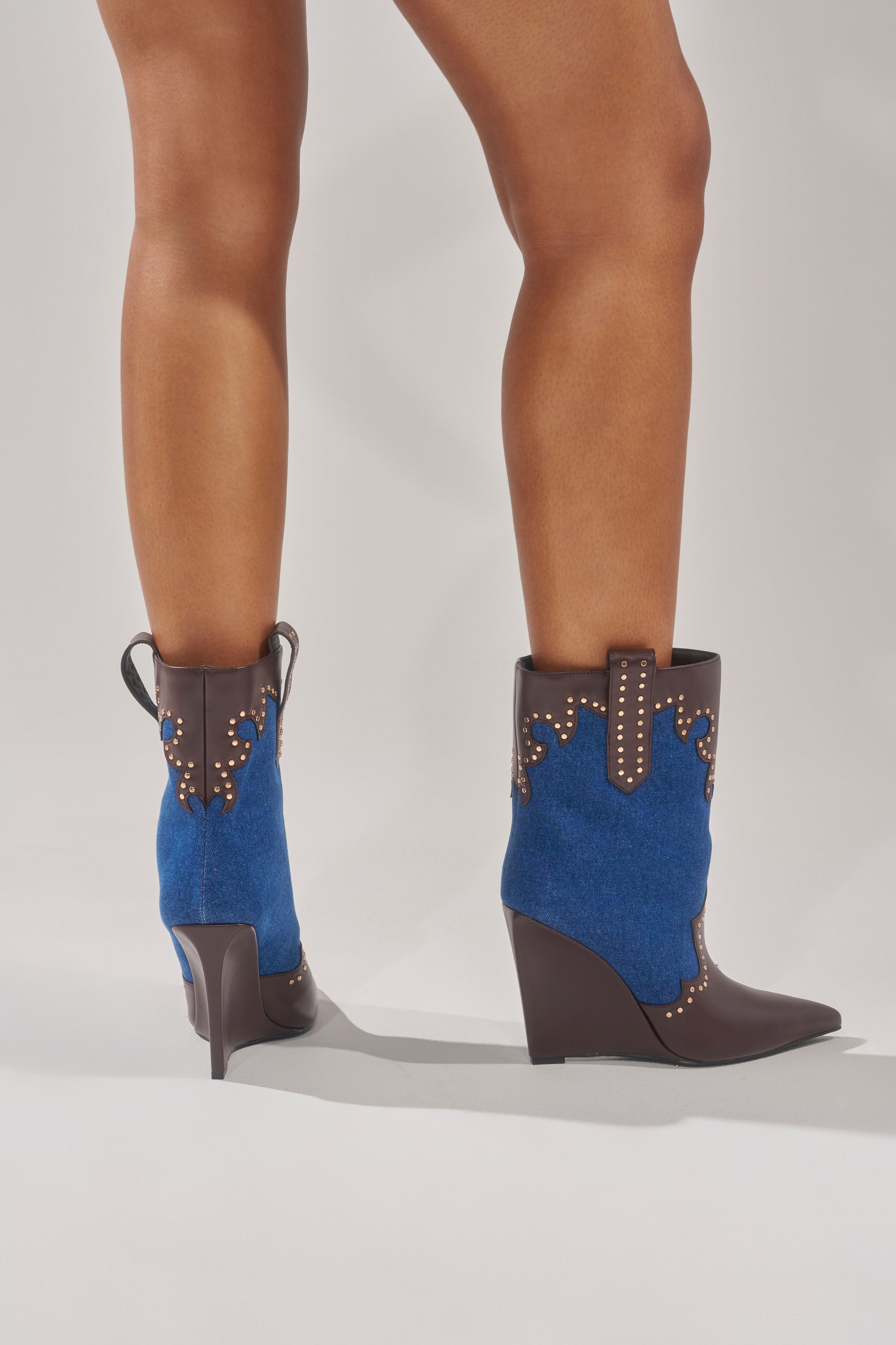 AZALEA WANG TALLULAH DENIM WEDGE WESTERN BOOTIE