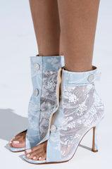 AZALEA WANG TANDY BLUE DENIM OPEN TOE EMBELLISHED BOOTIE