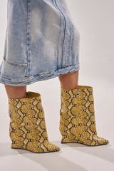 AZALEA WANG VINCI YELLOW SNAKE PU PRINT WEDGE BOOTIE
