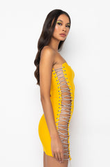 ALL THE RIGHT PLACES BANDAGE MINI DRESS YELLOW