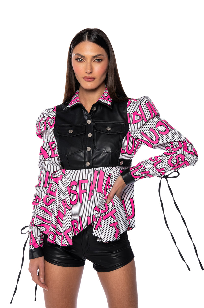 ALWAYS FABULOUS FAUX LEATHER COLLARED BLOUSE
