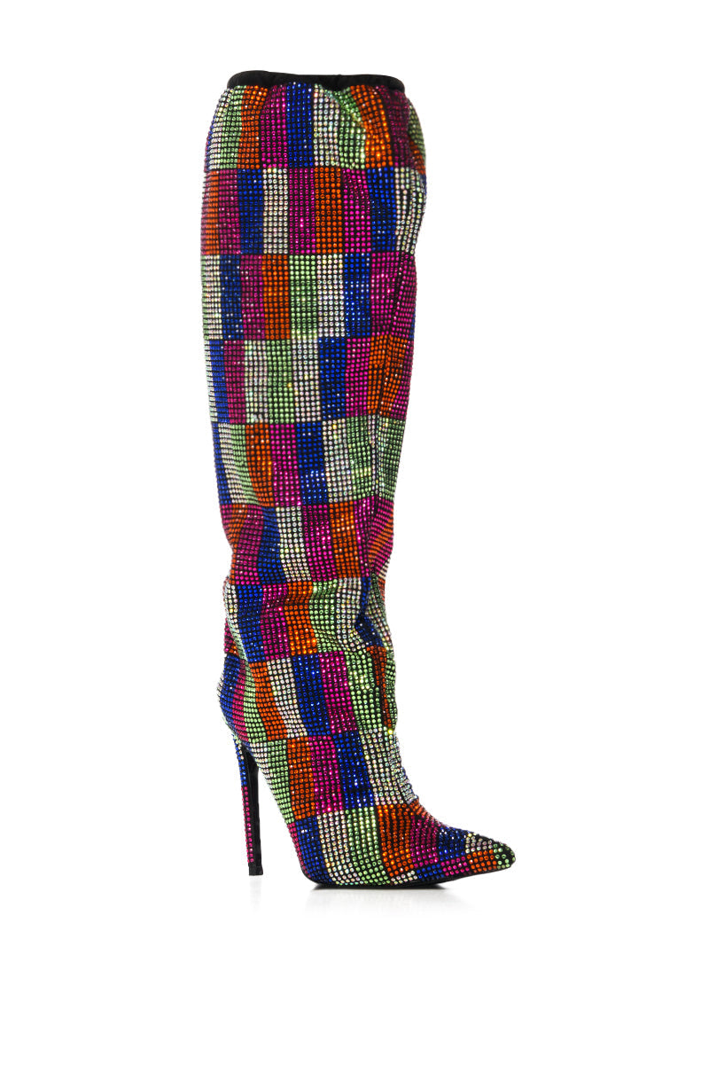 AZALEA WANG BELEN MULTI CHECKERBOARD RHINESTONE DETAIL BOOT