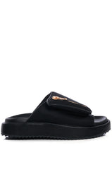 AZALEA WANG CALICO FLAT SLIP ON SANDAL IN BLACK