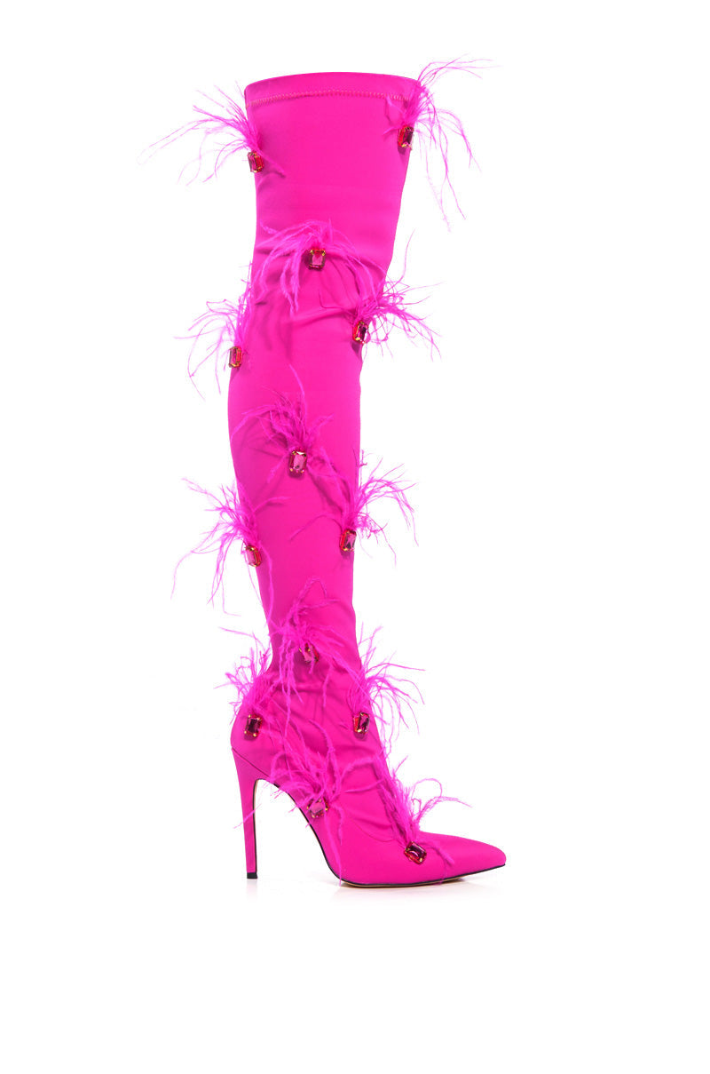 AZALEA WANG CAROLYN FEATHER EMBELLISHED PINK BOOT