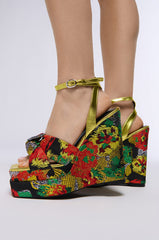 AZALEA WANG CHARMED BROCADE WEDGE SANDAL IN MULTI