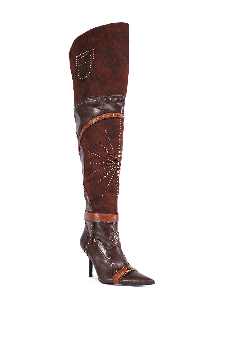 AZALEA WANG CHOCOCAT BROWN MULTI FAUX LEATHER EMBELLISHED BOOT