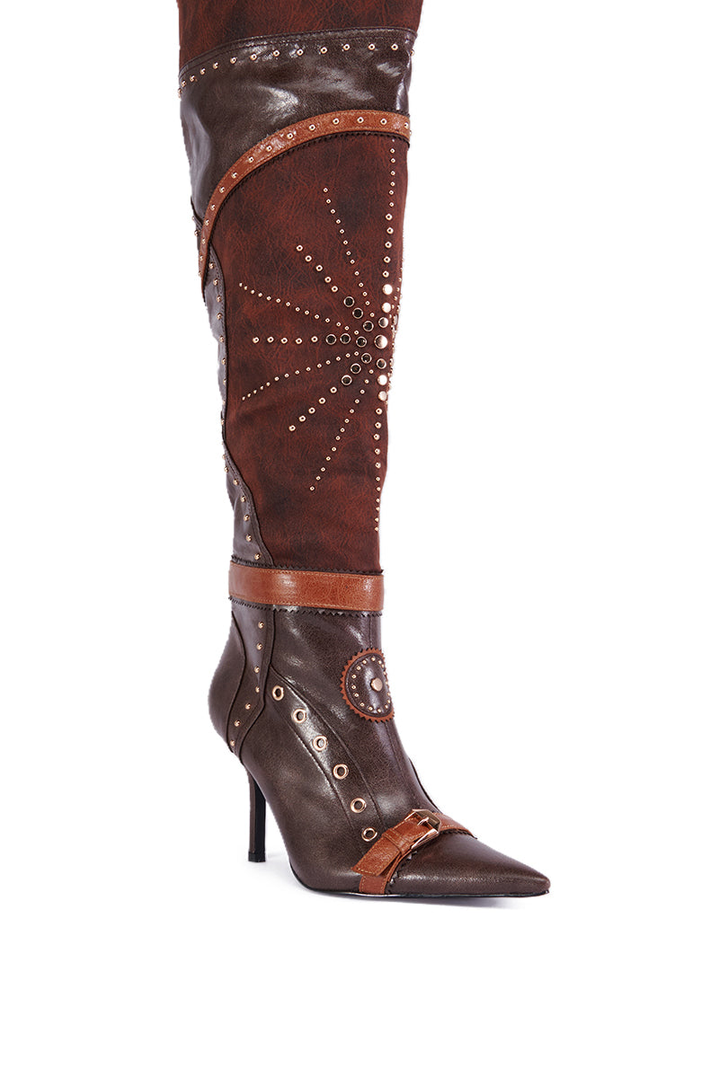 AZALEA WANG CHOCOCAT BROWN MULTI FAUX LEATHER EMBELLISHED BOOT