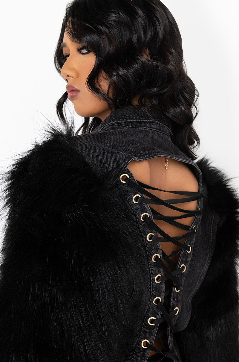 AZALEA WANG CRUSH ON YOU LACE UP DENIM JACKET