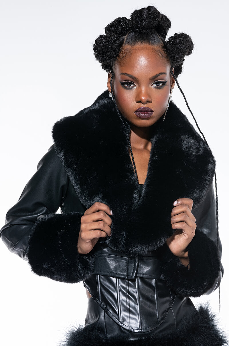 AZALEA WANG FUR TRIM GISELLE CROP JACKET IN BLACK