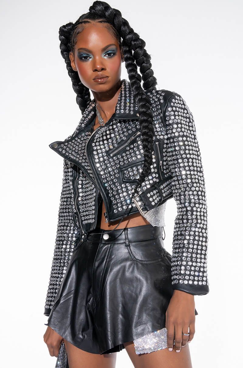 AZALEA WANG GAZETTE 3000 STUDS MOTO JACKET IN BLACK