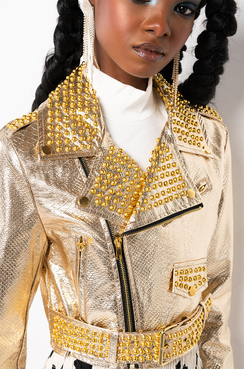 AZALEA WANG GOLD FINGER STUDDED MOTO JACKET