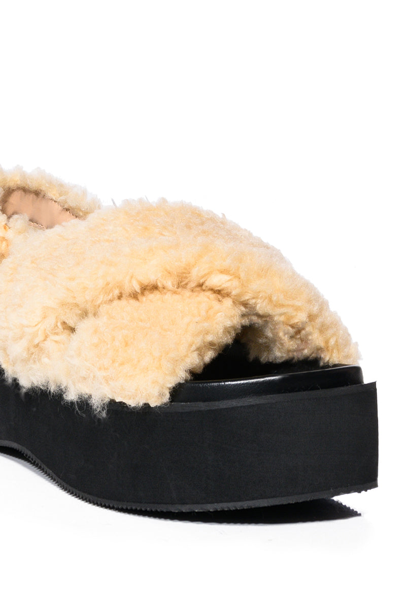 AZALEA WANG HANNAH FUR FLATFORM SANDAL IN NUDE