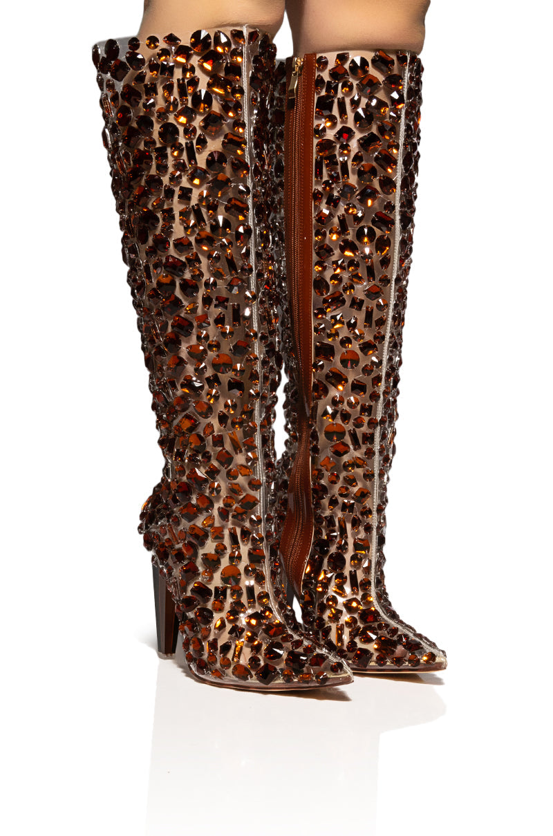 AZALEA WANG HONEY EMBELLISHED PVC CHUNKY BOOT IN BROWN