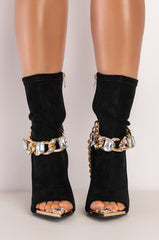 AZALEA WANG ADDI OPEN TOE STILETTO BOOTIE IN BLACK STRETCH SUEDE