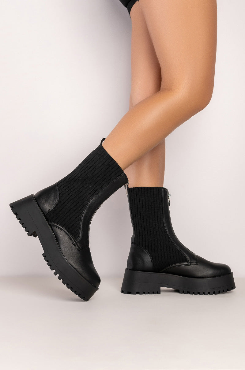 AZALEA WANG KENNEDY KNIT FRONT ZIP FLATFORM BOOTIE IN BLACK