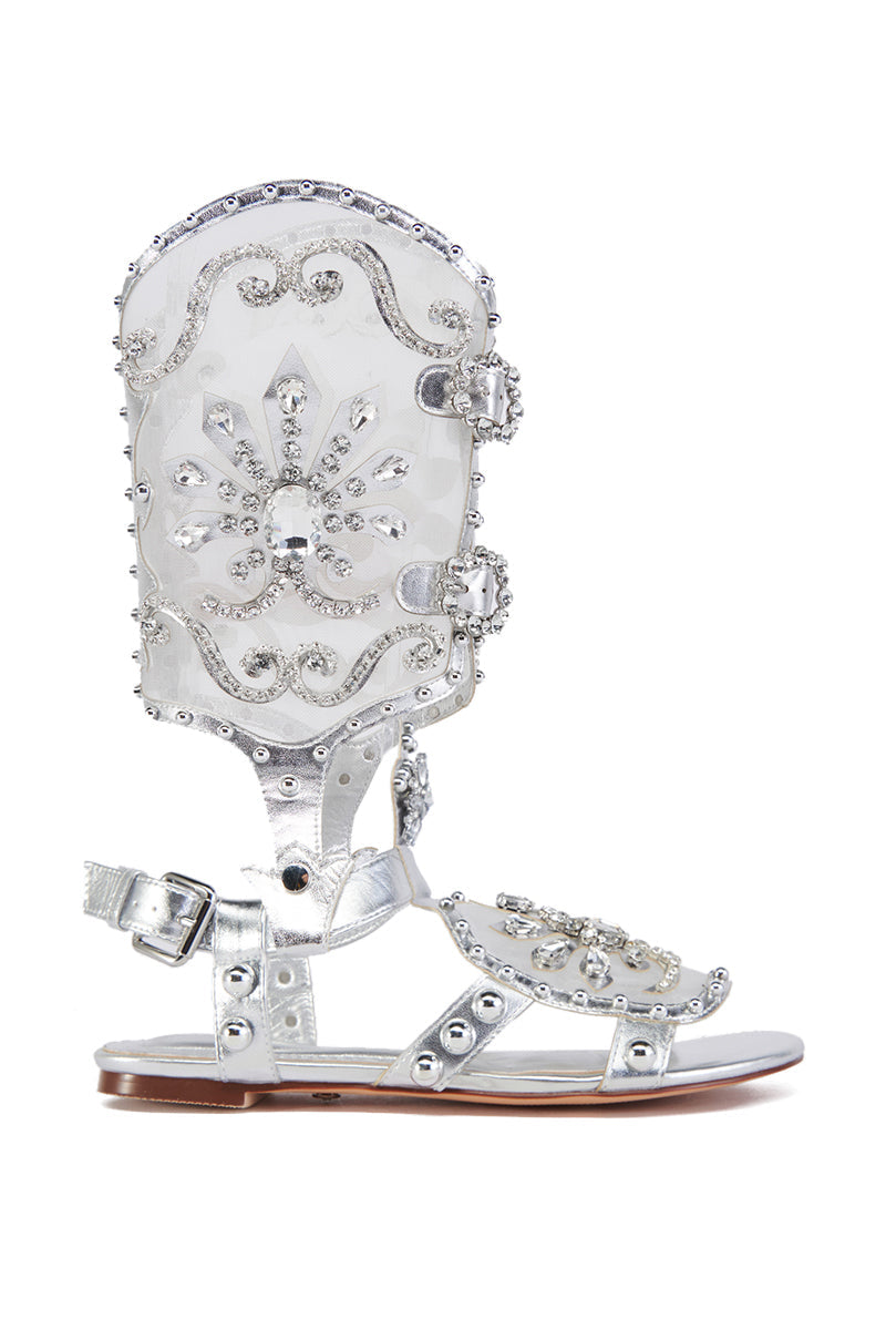 AZALEA WANG LEXLINE SILVER EMBELLISHED GLADIATOR FLAT SANDAL