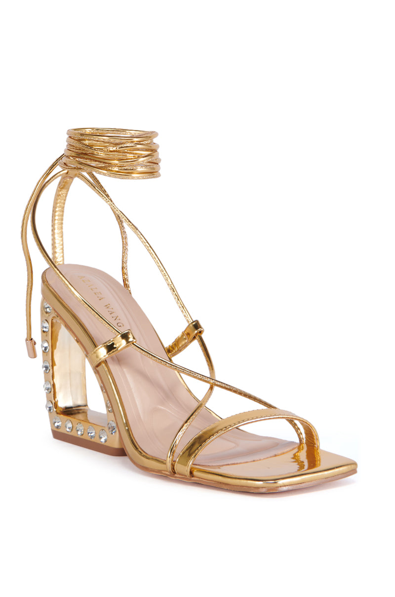 AZALEA WANG LUZETTE RHINESTONE HEEL GOLD SANDAL
