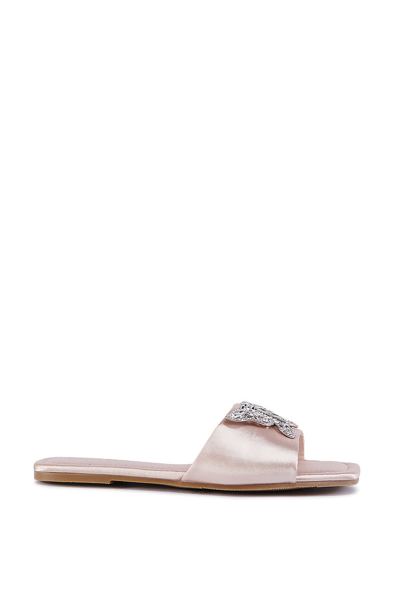 AZALEA WANG MARIANO ROSE GOLD SATIN BUTTERFLY SLIP ON FLAT SANDAL