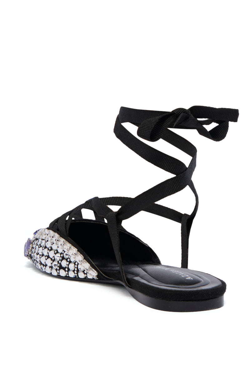 AZALEA WANG NELSIE BLACK EMBELLISHED LACE UP FLAT