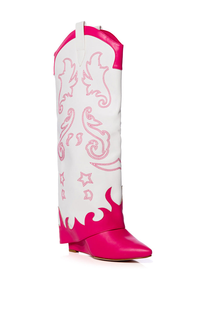 AZALEA WANG OUTLAND WESTERN WEDGE BOOT IN FUCHSIA WHITE