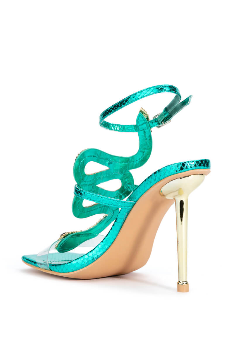 AZALEA WANG COBRA SNAKE RHINESTONE STILETTO HEEL IN METALLIC