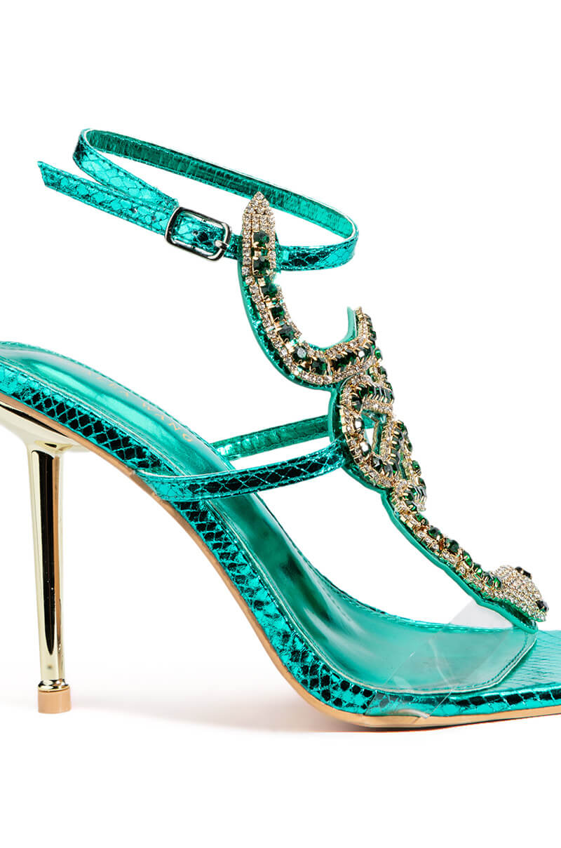 AZALEA WANG COBRA SNAKE RHINESTONE STILETTO HEEL IN METALLIC