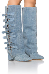 AZALEA WANG RISNA DENIM BUCKLE DETAIL WEDGE BOOT
