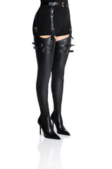 AZALEA WANG SEXY BELTED STRETCH PU STILETTO BOOT IN BLACK