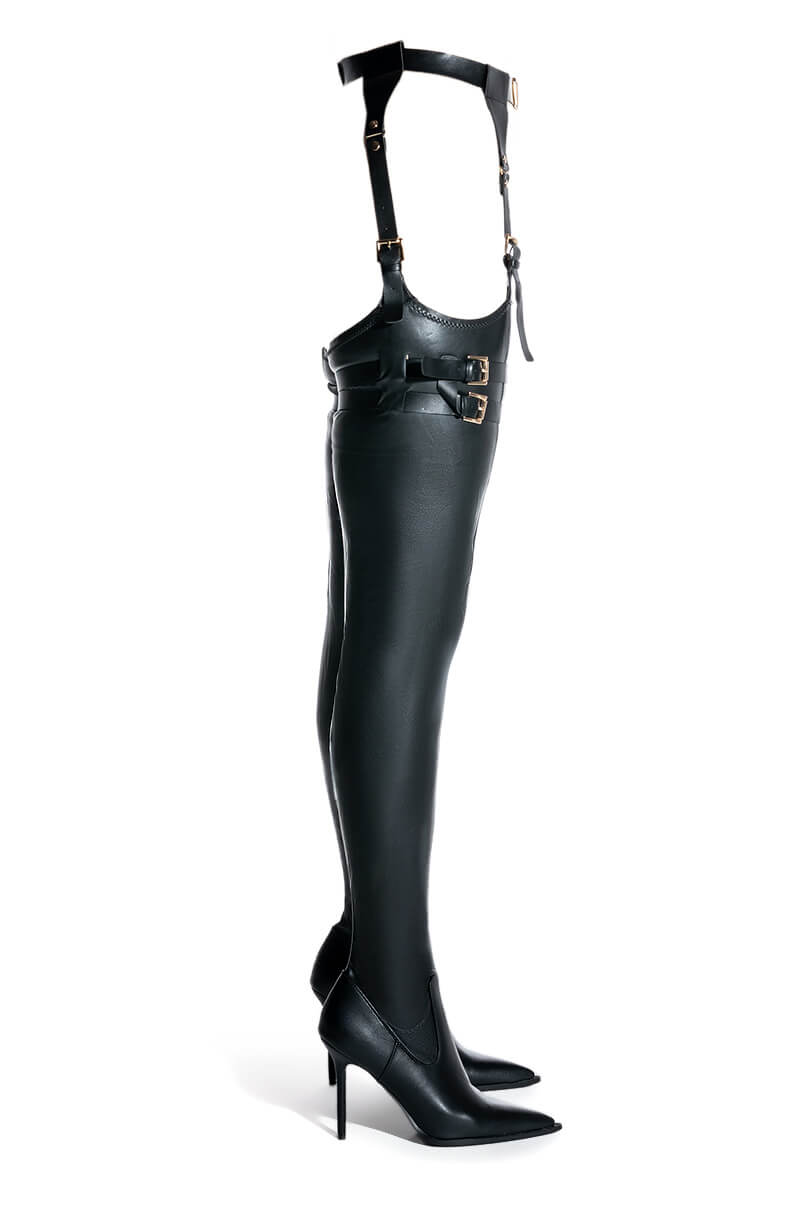AZALEA WANG SEXY BELTED STRETCH PU STILETTO BOOT IN BLACK