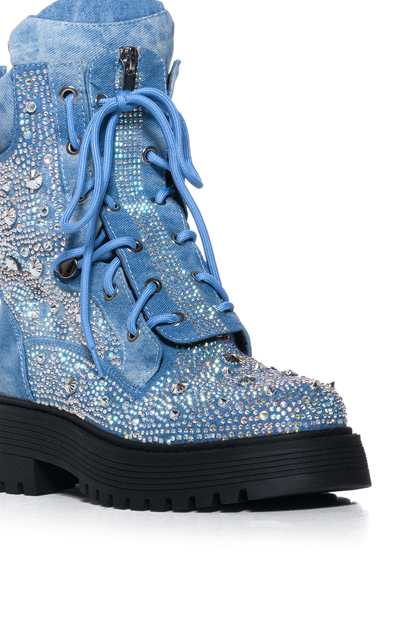 AZALEA WANG TRUFFLED DENIM EMBELLISHED COMBAT BOOTIE