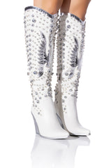 AZALEA WANG UPBEAT EMBELLISHED STILETTO BOOT IN WHITE