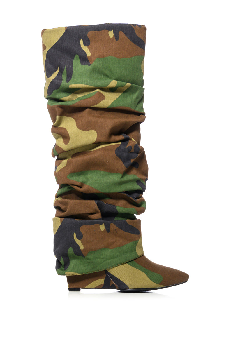 AZALEA WANG ZUMMA CAMO RUCHED WEDGE BOOT