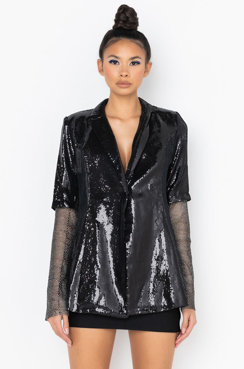 BALL DROP SEQUIN BLAZER WITH RHINESTONE MESH ARMS