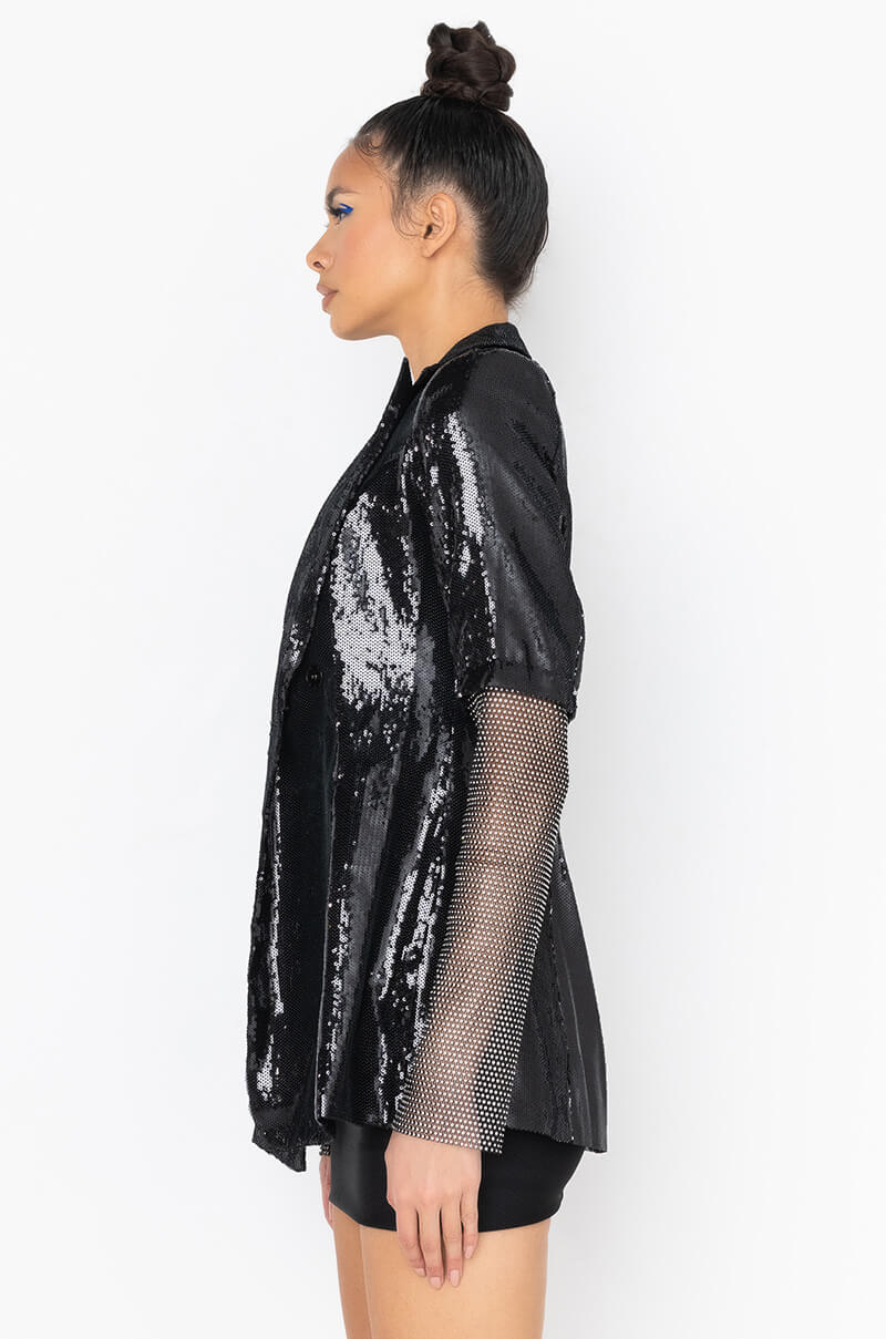 BALL DROP SEQUIN BLAZER WITH RHINESTONE MESH ARMS