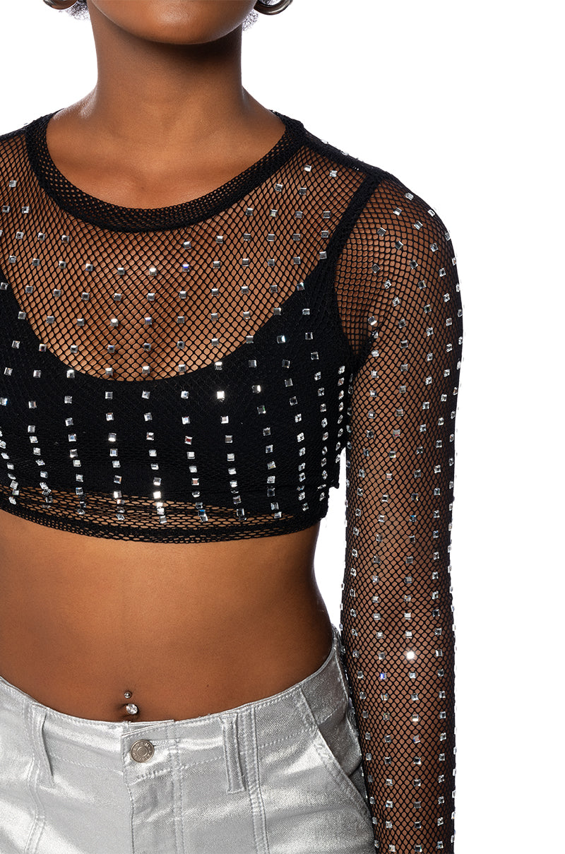 BEJEWELED LONG SLEEVE MESH TOP