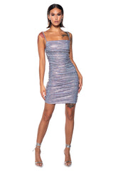 BETTER THAN EVER RUCHED RHINESTONE MINI DRESS