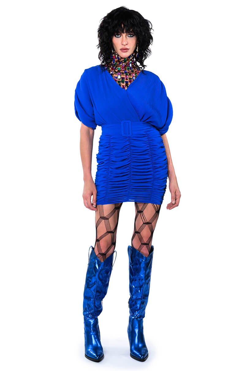 BLISS RUCHED CROSS FRONT SHORT SLEEVE MINI DRESS