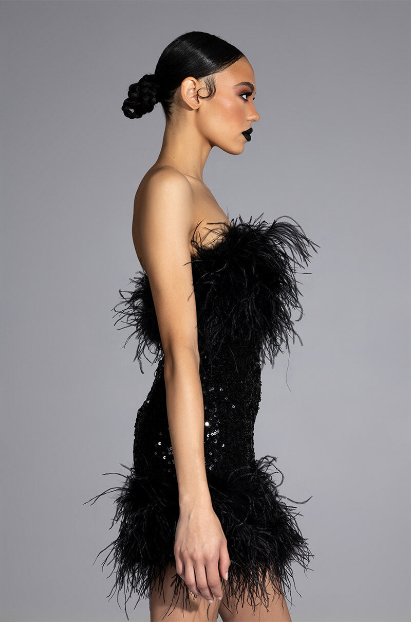 BON ANNIVERSAIRE FEATHER TRIM SEQUIN MINI DRESS