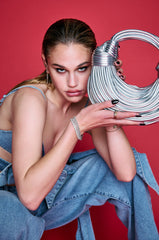 BRB FAUX LEATHER METALLIC ROPE PURSE IN SILVER