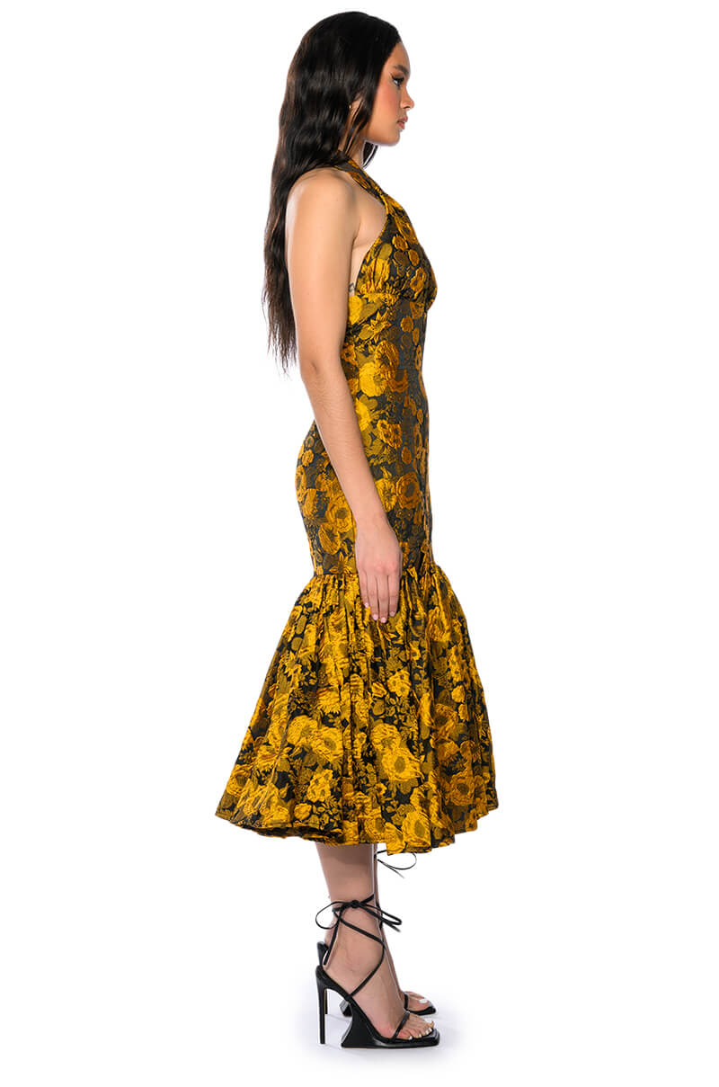 CHA CHA BROCADE HALTER NECK MIDI DRESS