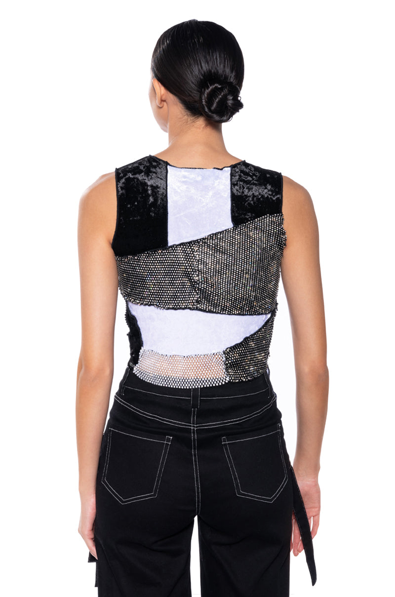 CHAOTIC BEAUTY RHINESTONE PATCHWORK TOP