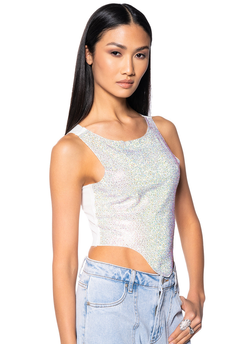 COSMIC ENERGY CROPPED CUT OFF RHINESTONE TANK