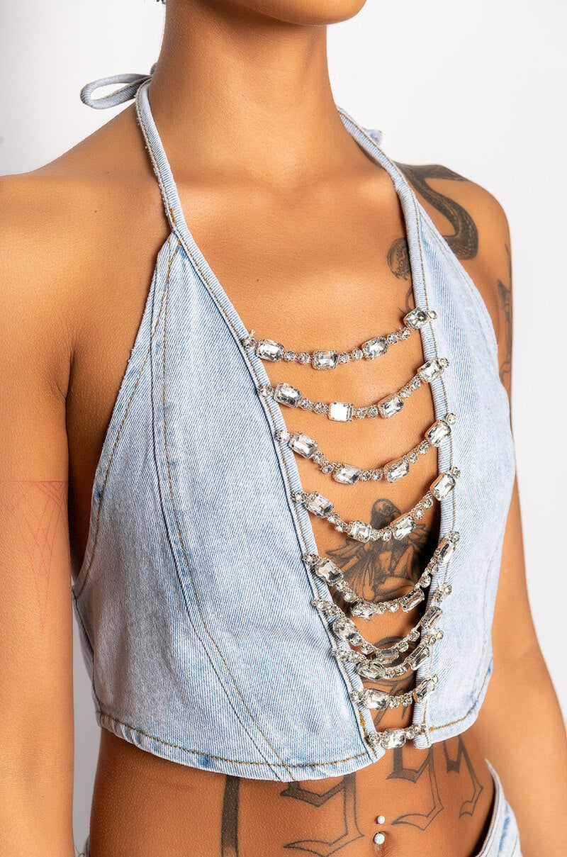 COVERED IN DIAMONDS DENIM PLUNGE CROP TOP