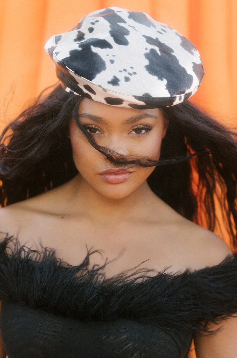 COW PRINT PU BERET