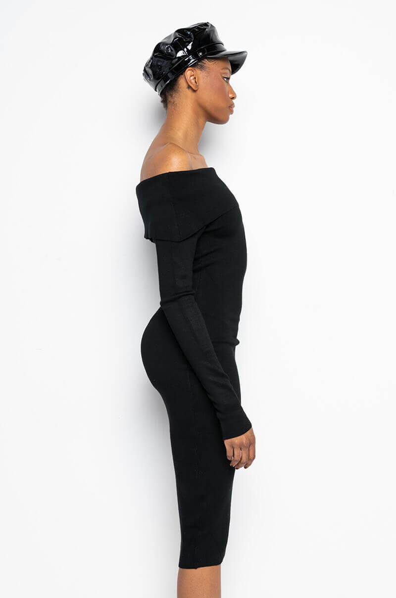 COZY AF PLUSH OFF THE SHOULDER MIDI SWEATER DRESS BLACK