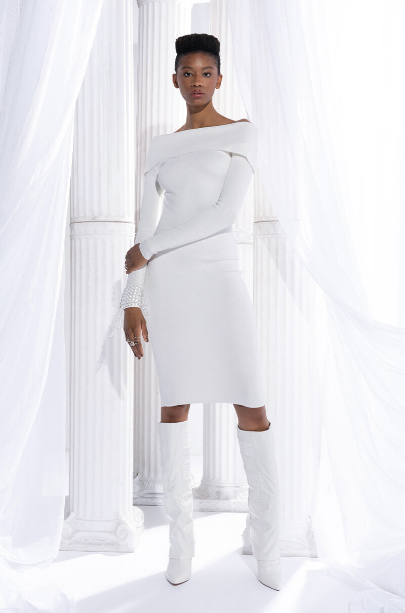 COZY AF PLUSH OFF THE SHOULDER MIDI SWEATER DRESS BLACK